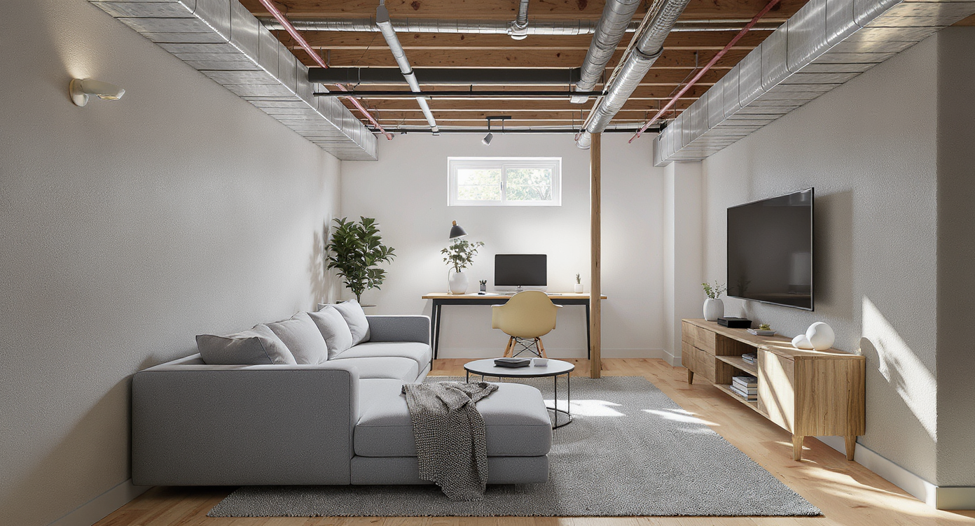 A compact basement living area with a sectional sofa, TV, work desk, and wide, unobstructed walkways, highlighting smart furniture layout.
