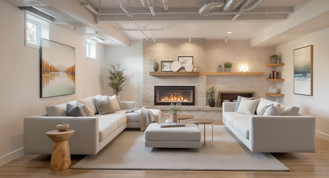 Realistic basement lounge with two couches in L-shape, TV on short wall, ottomans with storage, nesting tables, and a rug defining the seating area.