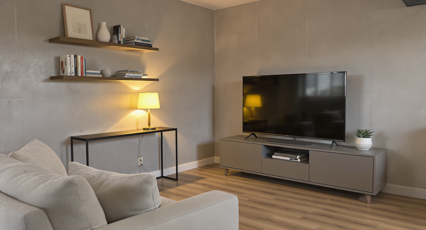 A small basement showcases affordable design: a couch, cube storage media center, floating shelves, and a slim console with a warm table lamp.