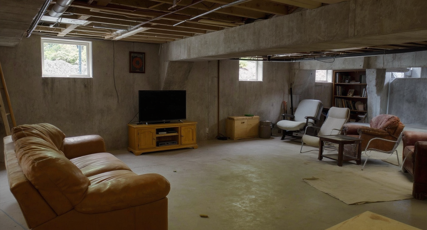 A realistic, compact basement living area with low ceilings, support columns, mismatched affordable furniture, and distinct but awkward lounge zones.