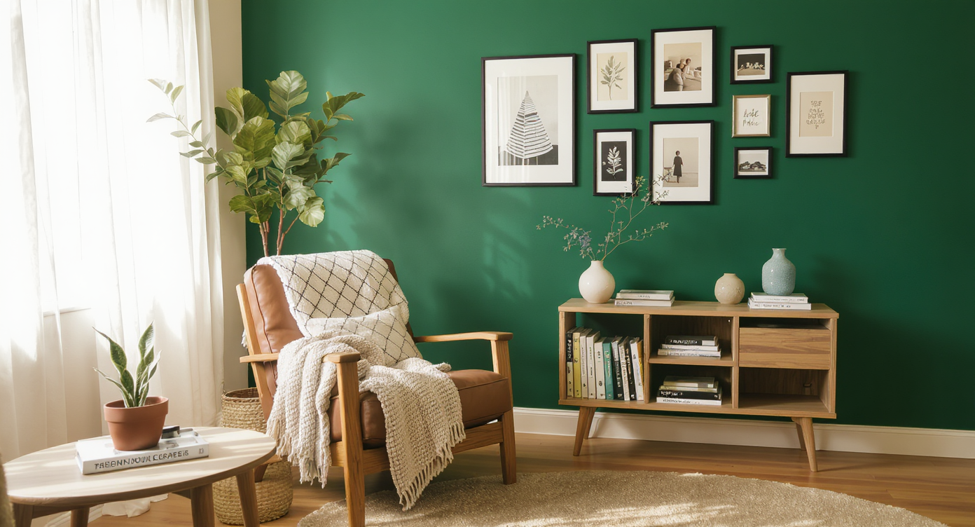 A compact living room features an upcycled armchair with a slipcover, a green accent wall, uniform gallery frames, and layered cozy decor.