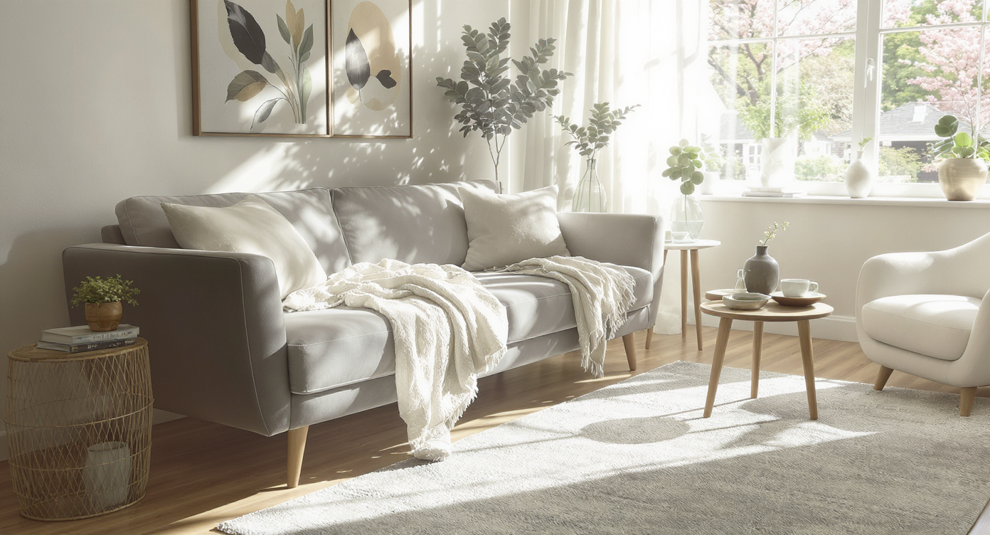 Sunlit living room featuring freshly arranged thrifted decor, repositioned area rug, and seasonal artwork for a lived-in, updated look.