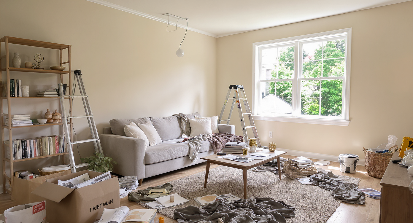 A sunlit living room mid-makeover with cushions, boxed light fixture, open design tablet, ladder, and rearranged bookshelf—no people.