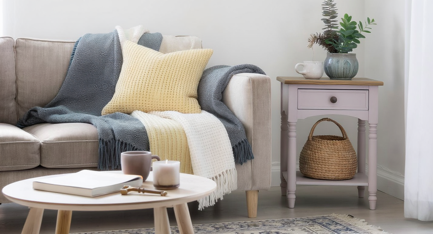 A cozy living room updated with affordable decor: repainted furniture, new throws on the sofa, rotated accessories, and intentional floor planning.