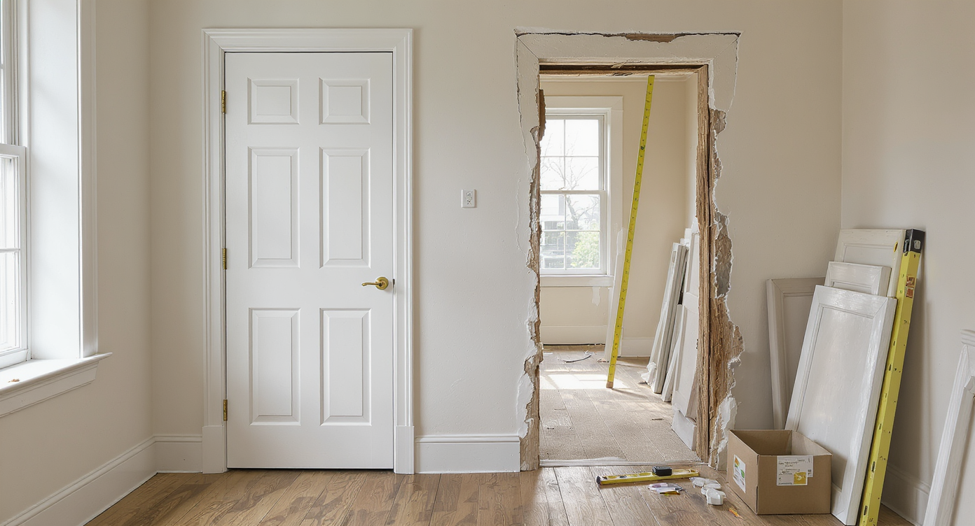A realistic hallway in an older home shows a standard door beside a rough, odd-sized doorway with measuring tools and mismatched doors nearby.