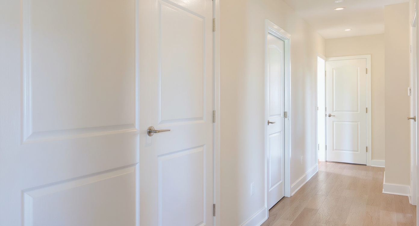 A photorealistic modern hallway shows matching interior doors in uniform finish and trim, with one slightly narrower door blending in seamlessly.