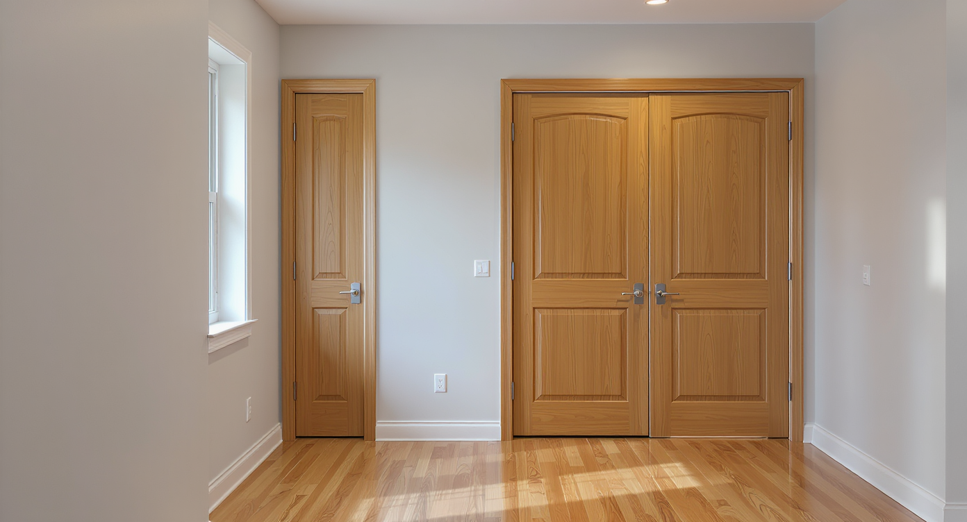 Freshly remodeled hallway with multiple custom-sized interior doors, seamless modern trim, natural lighting, and wood floors, no people visible.