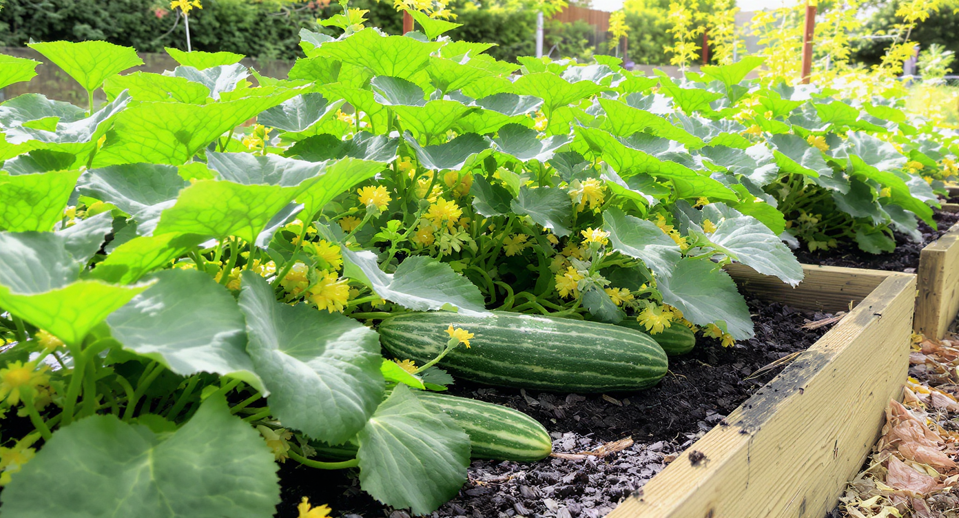 Photorealistic backyard garden scene with watermelon, cucumber, and squash plants in adjacent raised beds, thriving under natural sunlight.