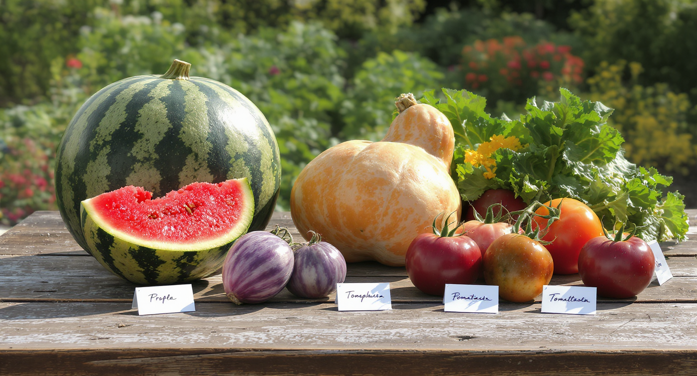 A realistic outdoor table displaying a cracked watermelon, bulging gourd, and odd-colored tomatoes with cultivar tags and garden beds behind.
