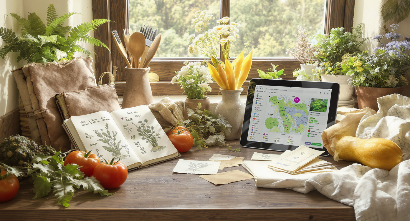 Contrast of old gardening journals with heirloom produce beside modern tools and a tablet displaying plant genetics, illuminated by daylight.