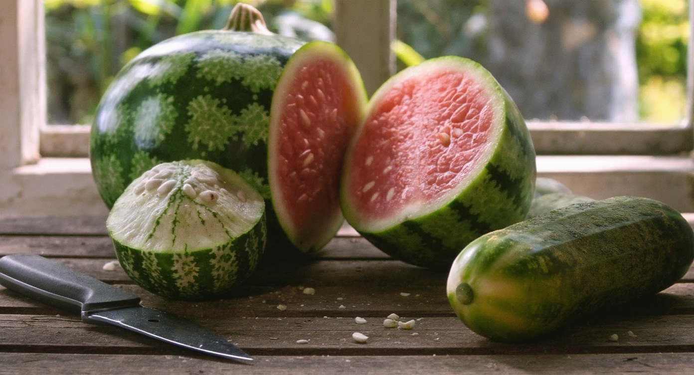 Unripe watermelon and cucumber side by side on a garden workbench, both cut open to reveal similar interiors, with fresh tools nearby.