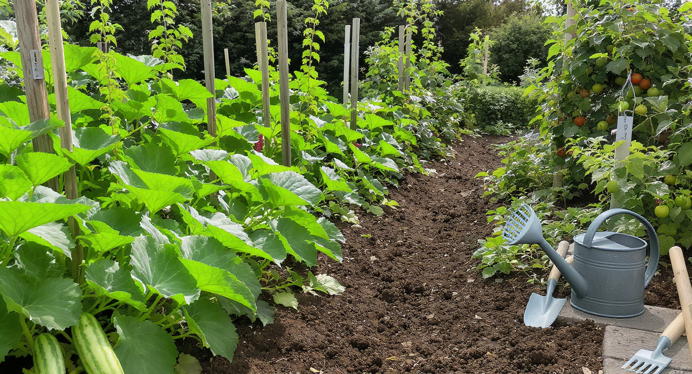 A photorealistic vegetable garden with neatly divided rows of watermelons and cucumbers, clearly showing their differences and shared space.