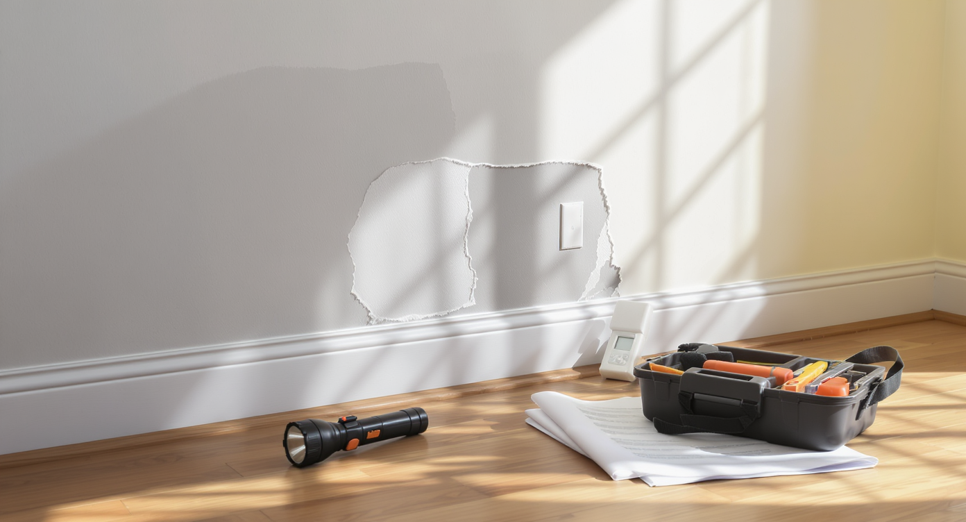 A sunlit room corner showing a freshly patched wall, inspection tools, a home report, and a toolkit—all set for a detailed post-repair check.