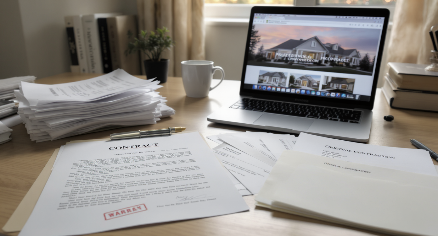 A home office desk with an open warranty contract, repair invoices, a contractor folder, and a laptop showing a contractor site, no people.