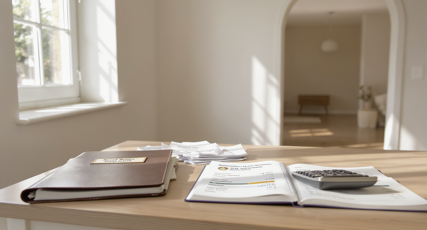 A tidy home office desk with repair records, invoices, a calculator, and a budget spreadsheet, symbolizing planning for future home maintenance costs.
