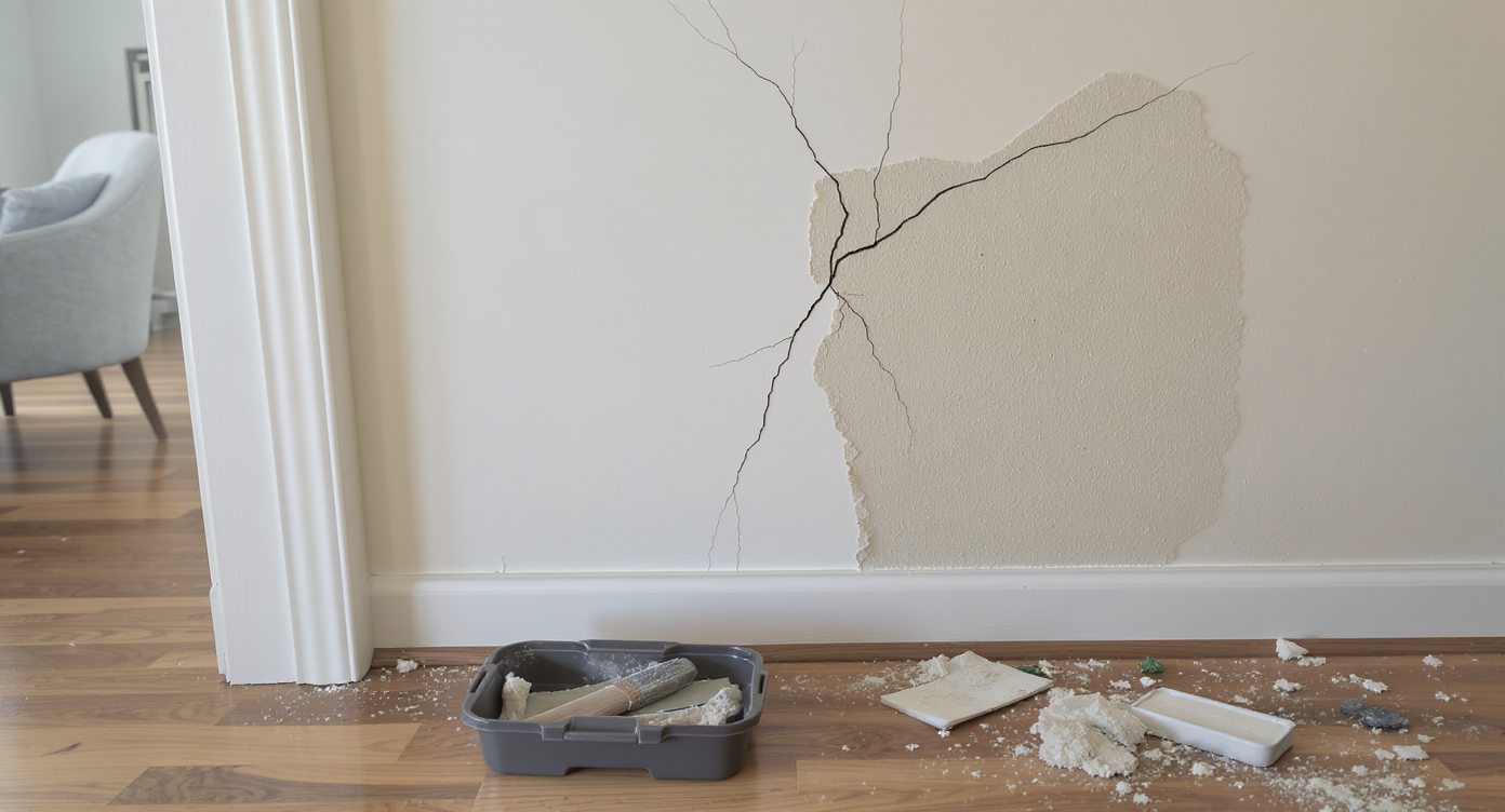 A realistic close-up of a patched wall above a door frame, showing visible cracks, uneven paint, and repair tools on the floor below in a modern home interior.