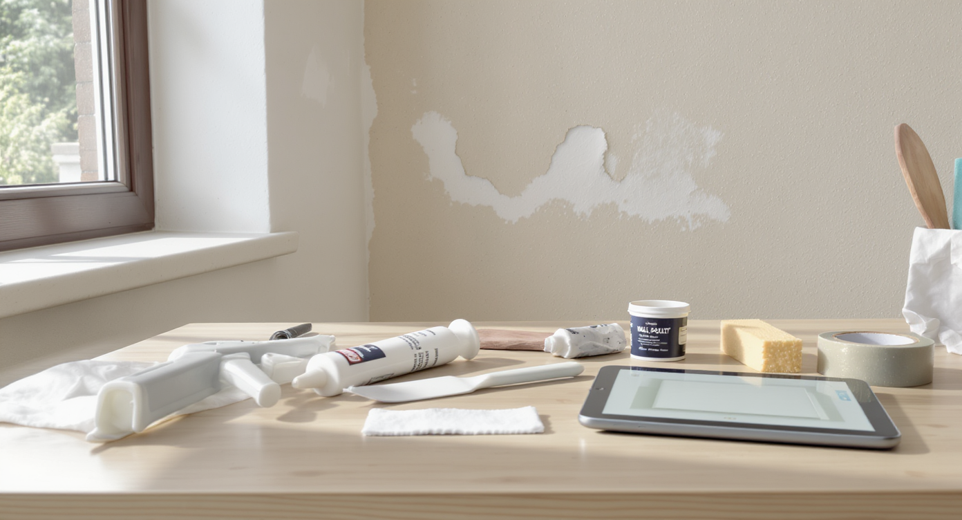 DIY repair workspace with caulking and patching tools on a table, minor wall damage in background, and a tablet showing a wall update visualization.