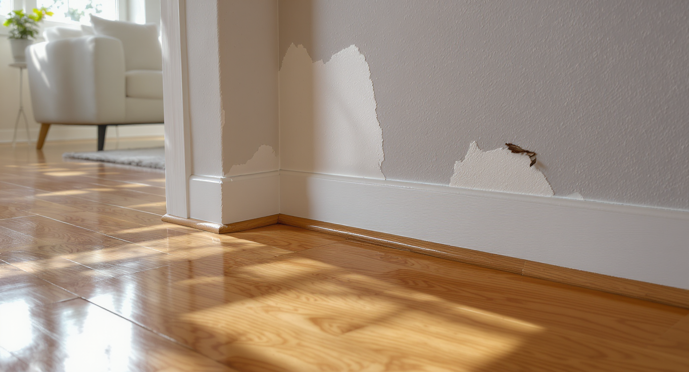 A sunlit modern living room reveals shoddy repairs: warped floorboards, uneven paint patches, crooked electrical outlets, and visible gaps in trim.