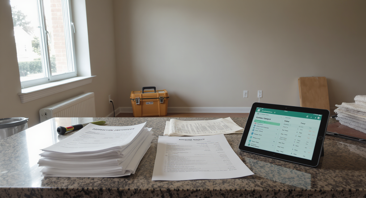 A realistic living room shows home repair invoices, an inspection report, and a toolbox on the counter, with shoddy patchwork on a wall nearby.