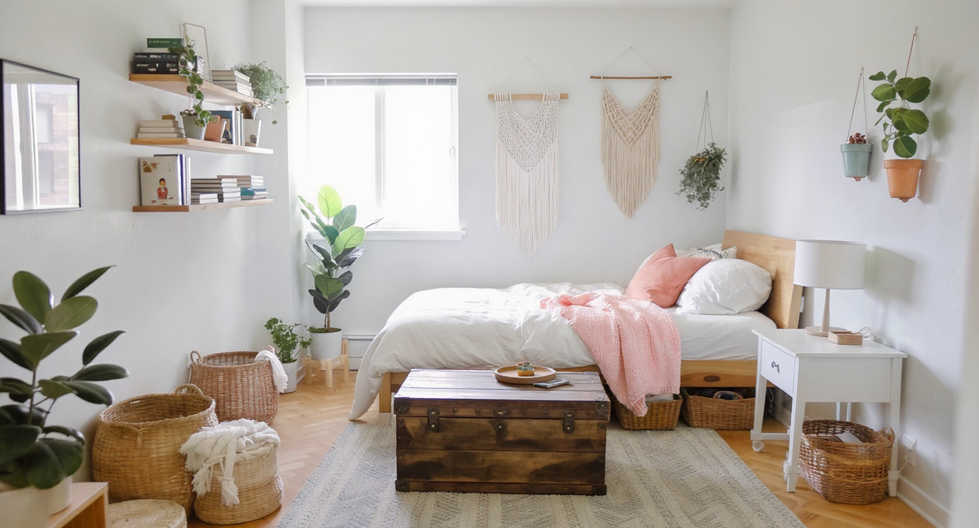 A compact bedroom with DIY storage, floating shelves, and simple decor, showing creative, affordable design solutions without human presence.