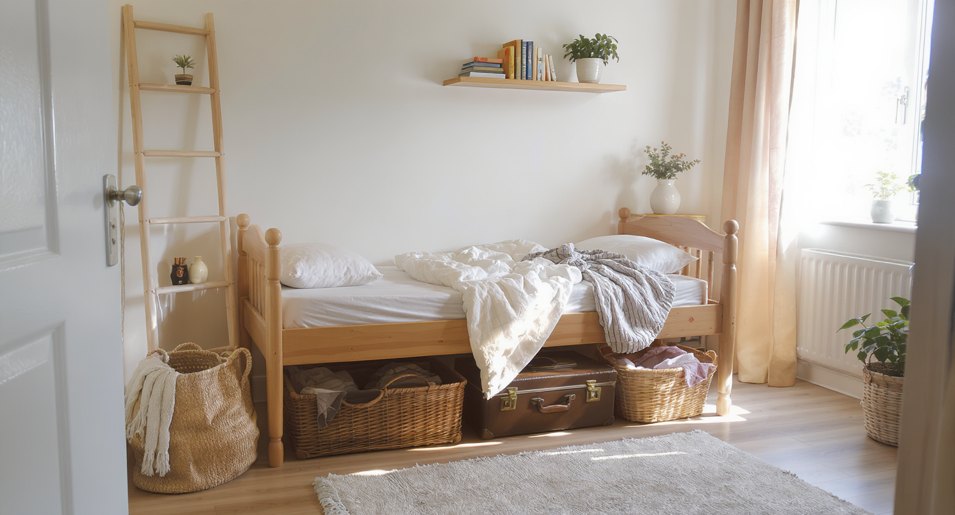 Compact bedroom with under-bed vintage suitcases, floating shelves, tall bookcase, modular cubes, and fabric curtain for closet storage.