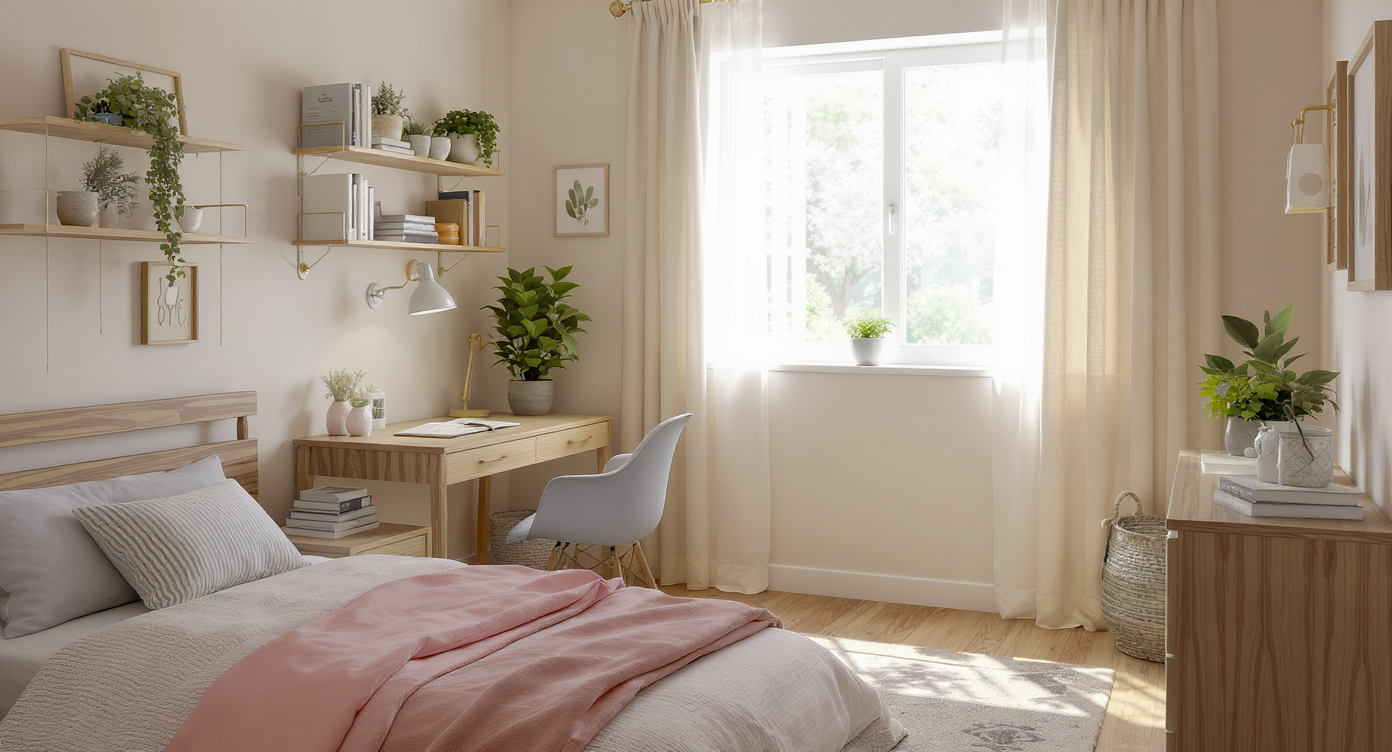 Photorealistic small bedroom with affordable DIY storage, floating shelves, compact desk, and natural light highlighting a cozy, organized space.