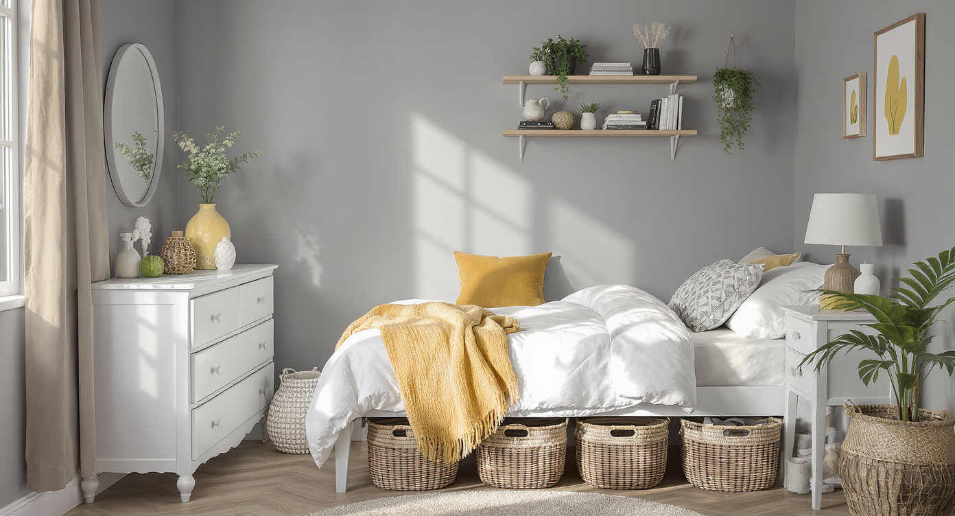 A compact bedroom with soft grey walls, mustard yellow pillows, floating plant shelves, a white vintage dresser, DIY pendant, and original art above the headboard.