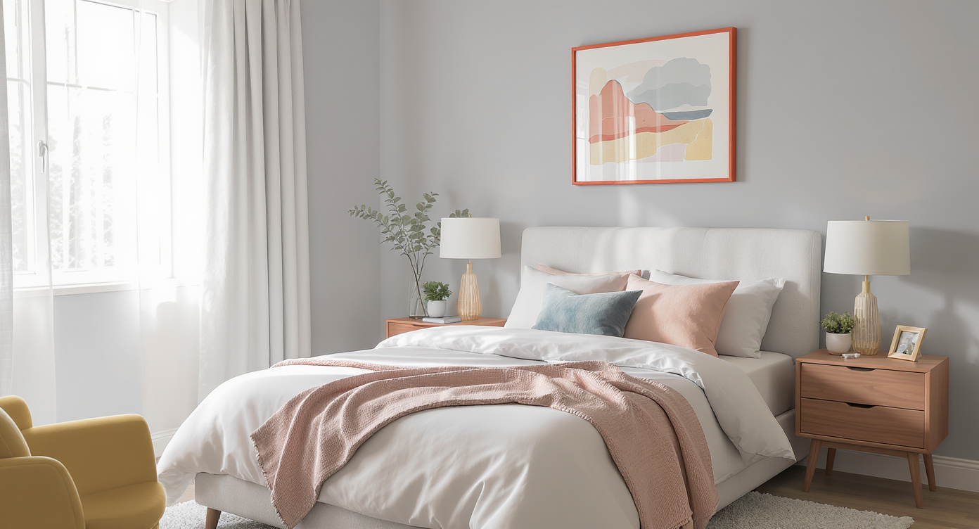 Small bedroom with soft grey walls, white linens, colorful pillows, mustard chair, and a coral-painted frame above the bed for gentle color contrast.