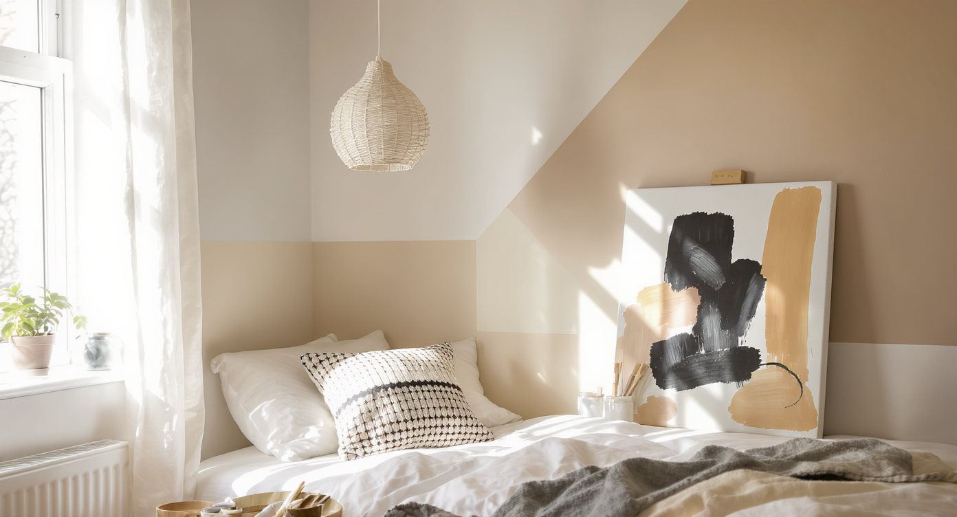 A small bedroom corner with DIY touches: a thrifted sweater pillow, handmade twine lamp, and painted wall panels in soft hues for a cozy, modern look.