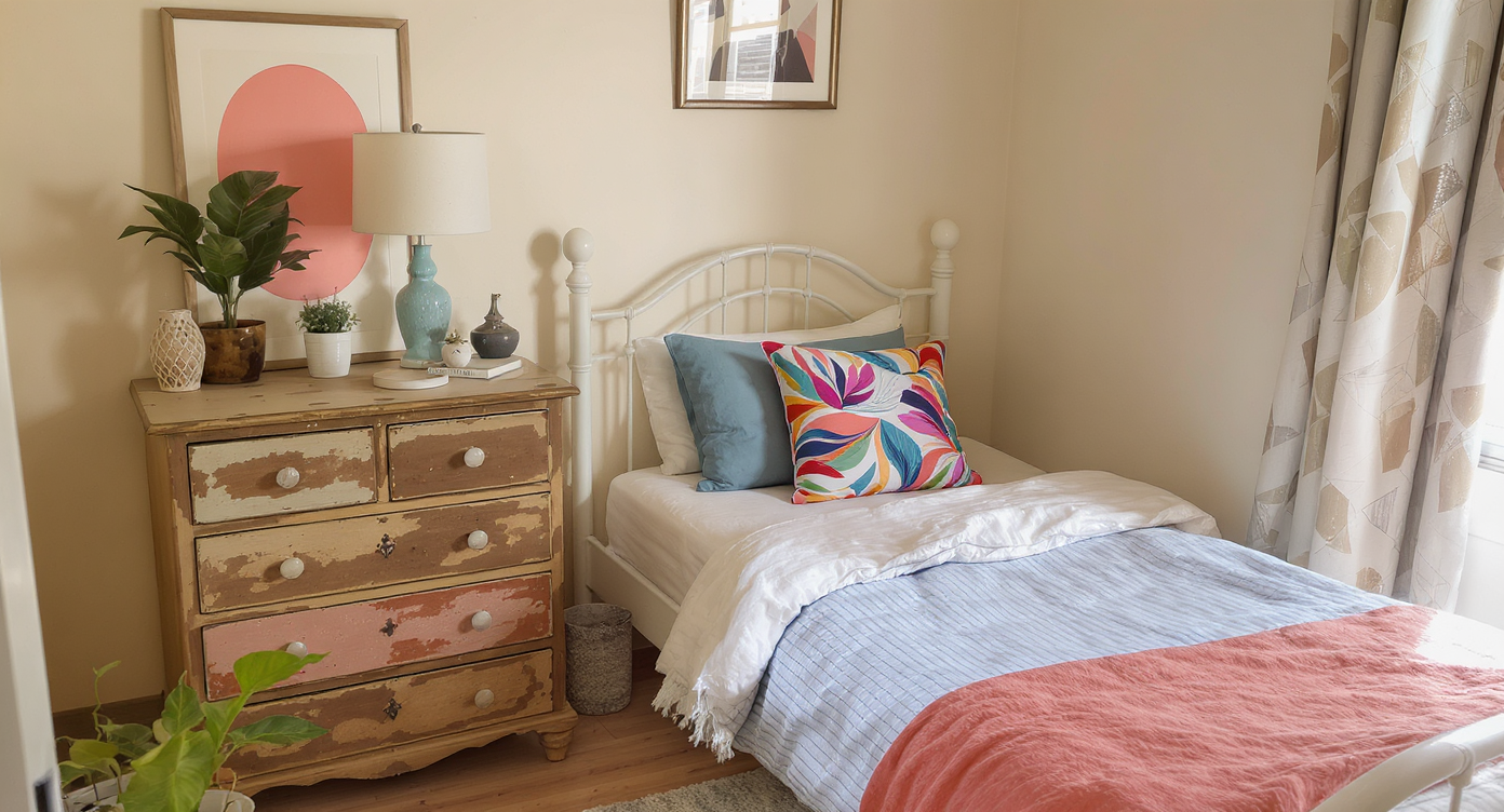A small studio bedroom with a pastel-painted upcycled dresser, a scarf-made pillow on a twin bed, and quirky mugs on a shelf above a desk.