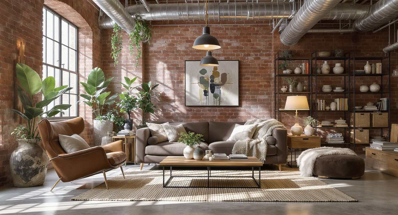 Ultra-realistic industrial loft living room with exposed brick walls, cozy seating, warm textiles, large windows, plants, and layered textures.