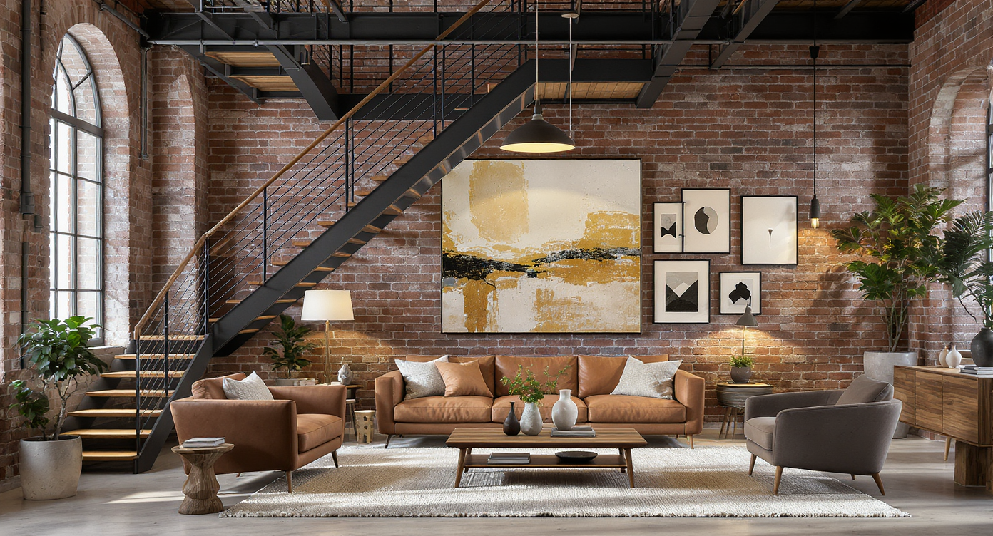 Industrial loft living room with a double-height wall, oversized abstract art, grouped framed prints, and layered warm lighting near a staircase.