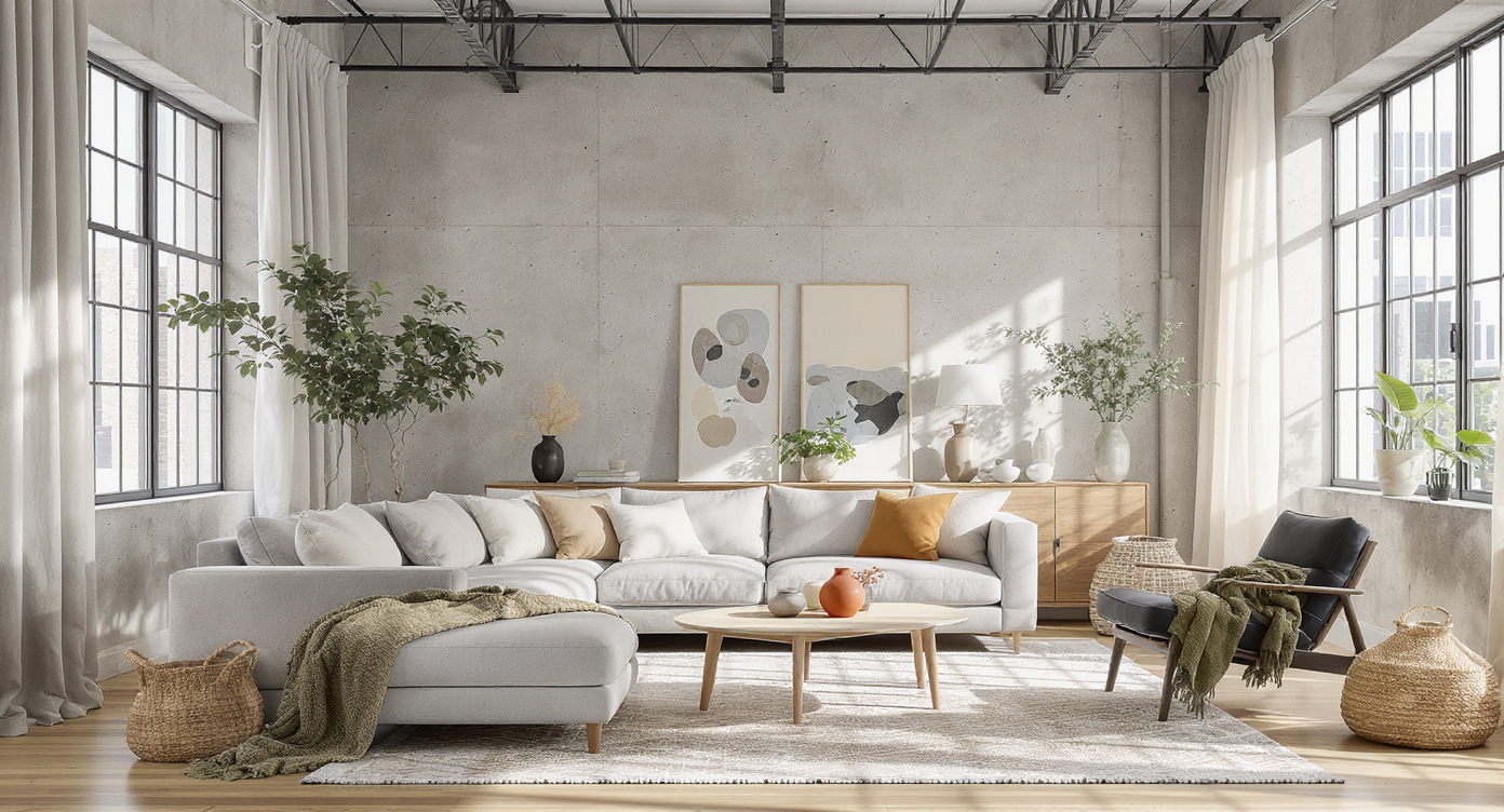 A photorealistic industrial loft living room featuring Japandi-inspired soft neutrals, pale wood furnishings, warm textiles and earthy ceramic accents.