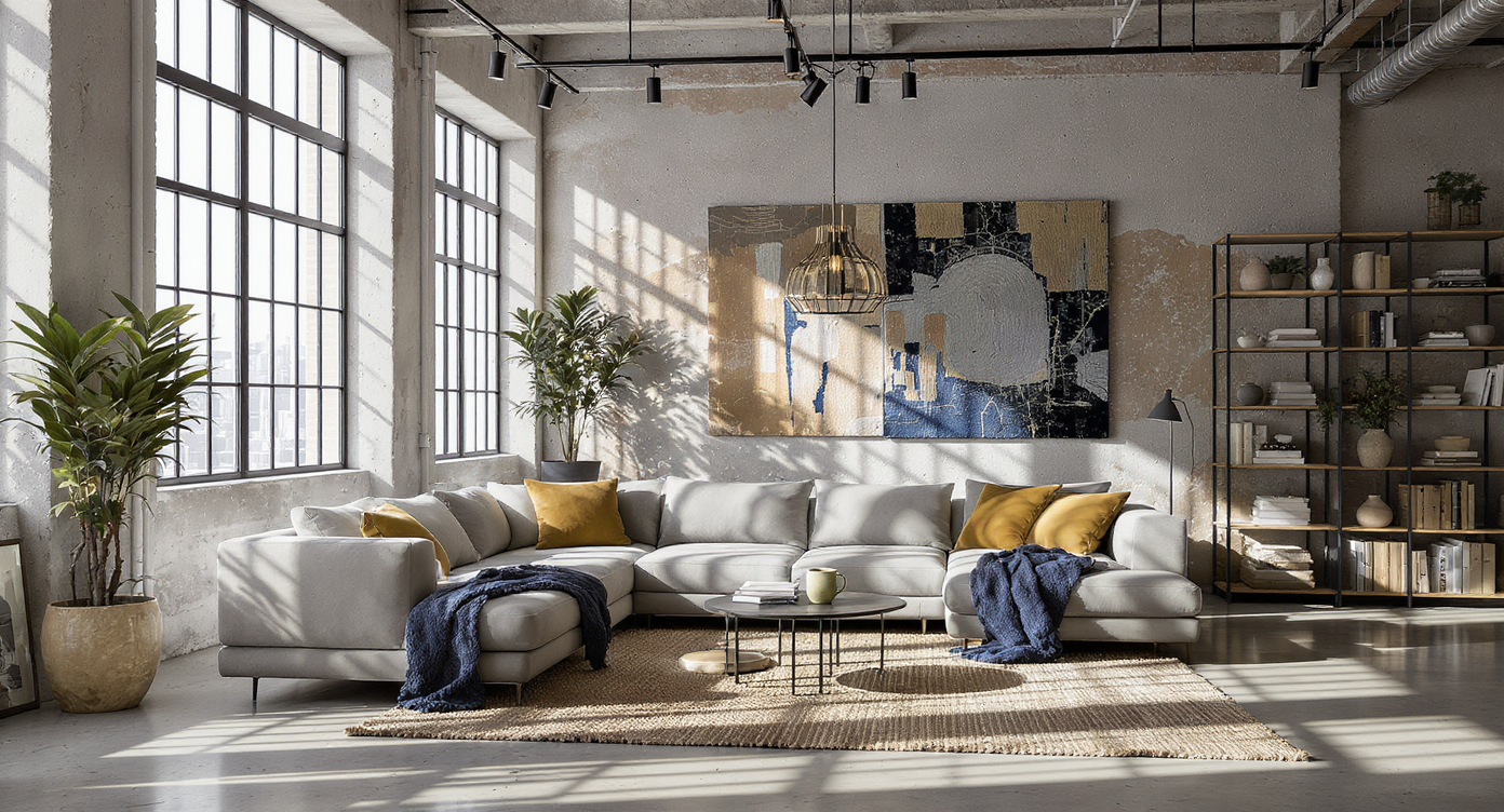 A sunlit industrial loft living room with modular sectional, area rug, open-backed bookcase, layered accent lighting, and cozy personal decor.