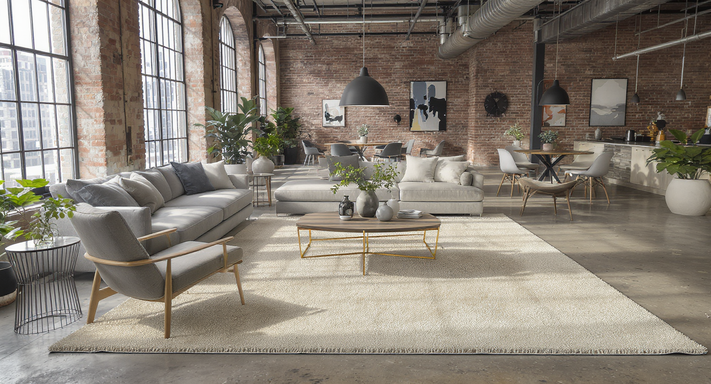 Industrial loft living room with a large neutral rug positioned under sofa and chairs, clearly defining the seating area in an open floor plan.