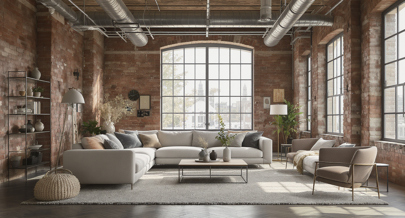 A spacious industrial loft living room with exposed brick, tall grid windows, sparse mismatched furniture, and abundant natural light highlighting the unfinished, echoing atmosphere.