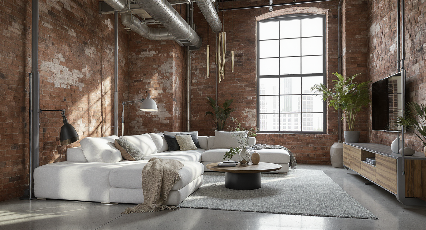 Open industrial loft living area with a large sectional sofa, proportioned coffee table, built-in storage, and wall-mounted TV in natural light.