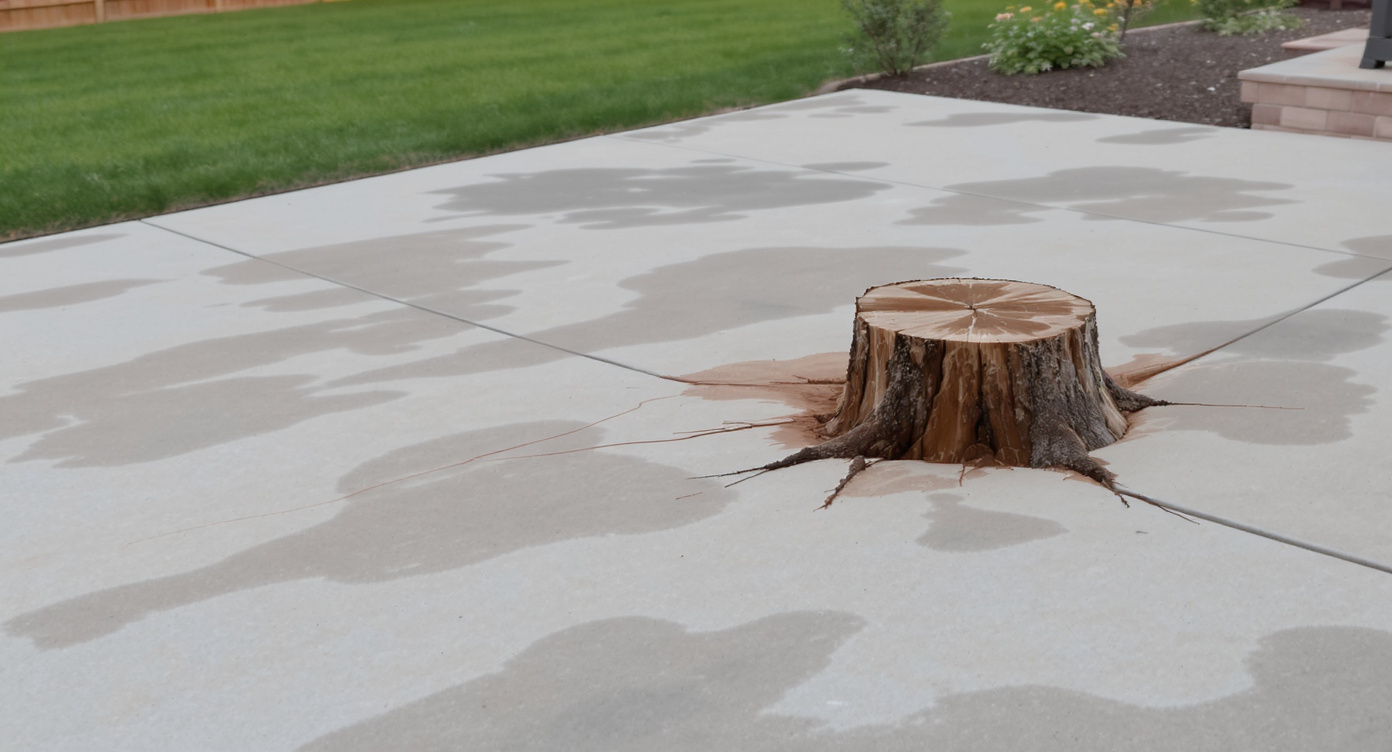A cracked backyard concrete patio with a large tree stump embedded in the slab, visible buckling and water pooled on the uneven surface near a house.