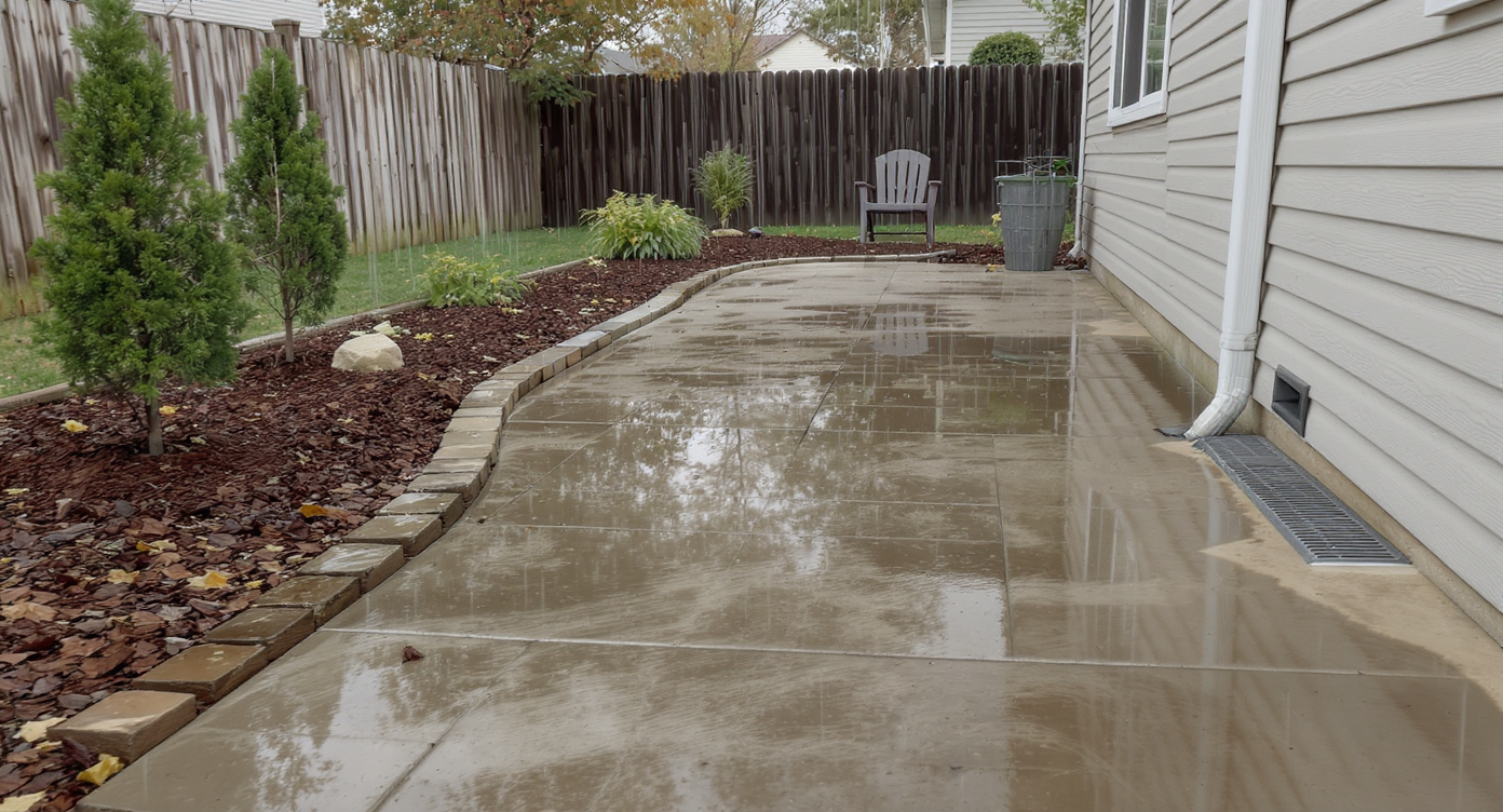 A well-graded concrete patio and permeable paver path channel rainwater away from a house, preventing pooling near the foundation.