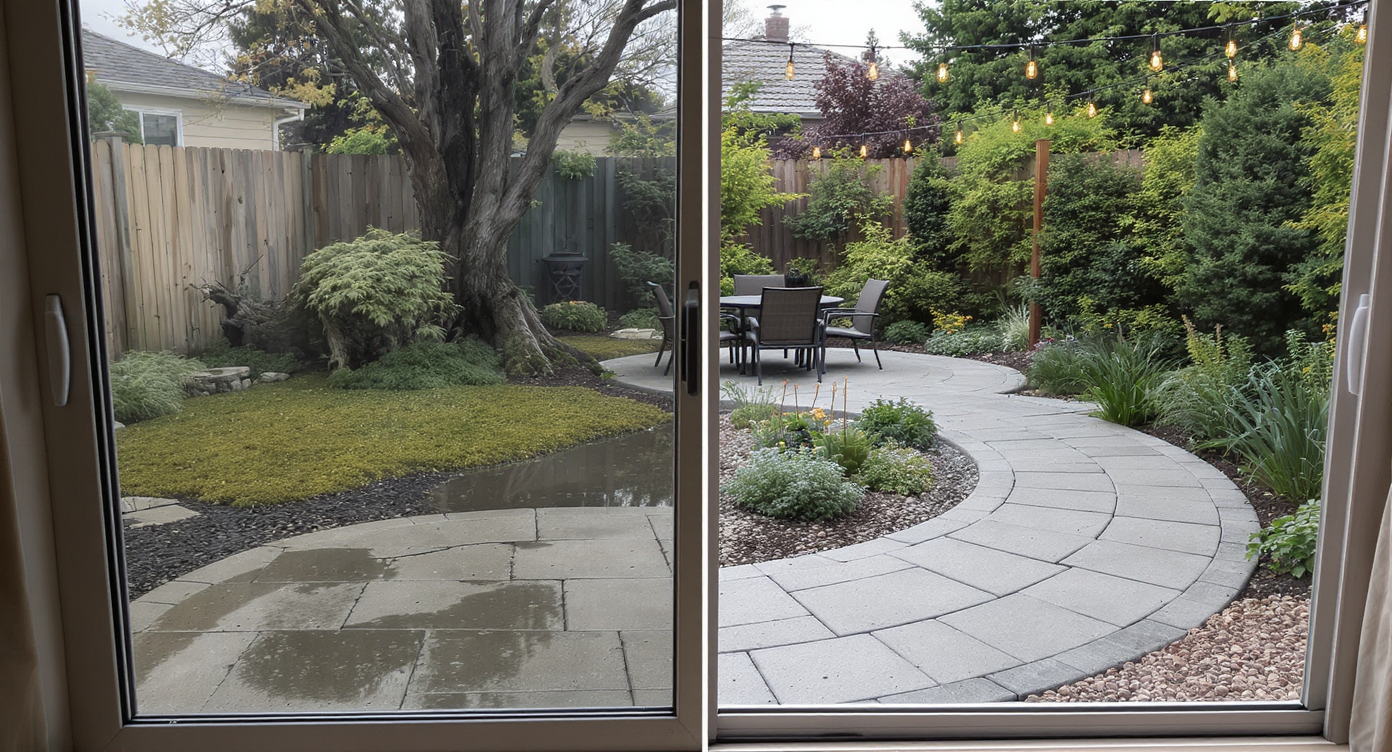 Split-view of a backyard patio before and after renovation: left shows cracked concrete and tree stump with standing water; right shows elegant curved pavers, native rain gardens, gravel swale, and string lights.