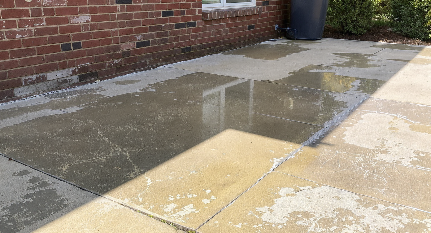 Cracked concrete patio with a visible tree stump and roots beneath, showing unevenness, depressions, and water pooling near a house foundation.