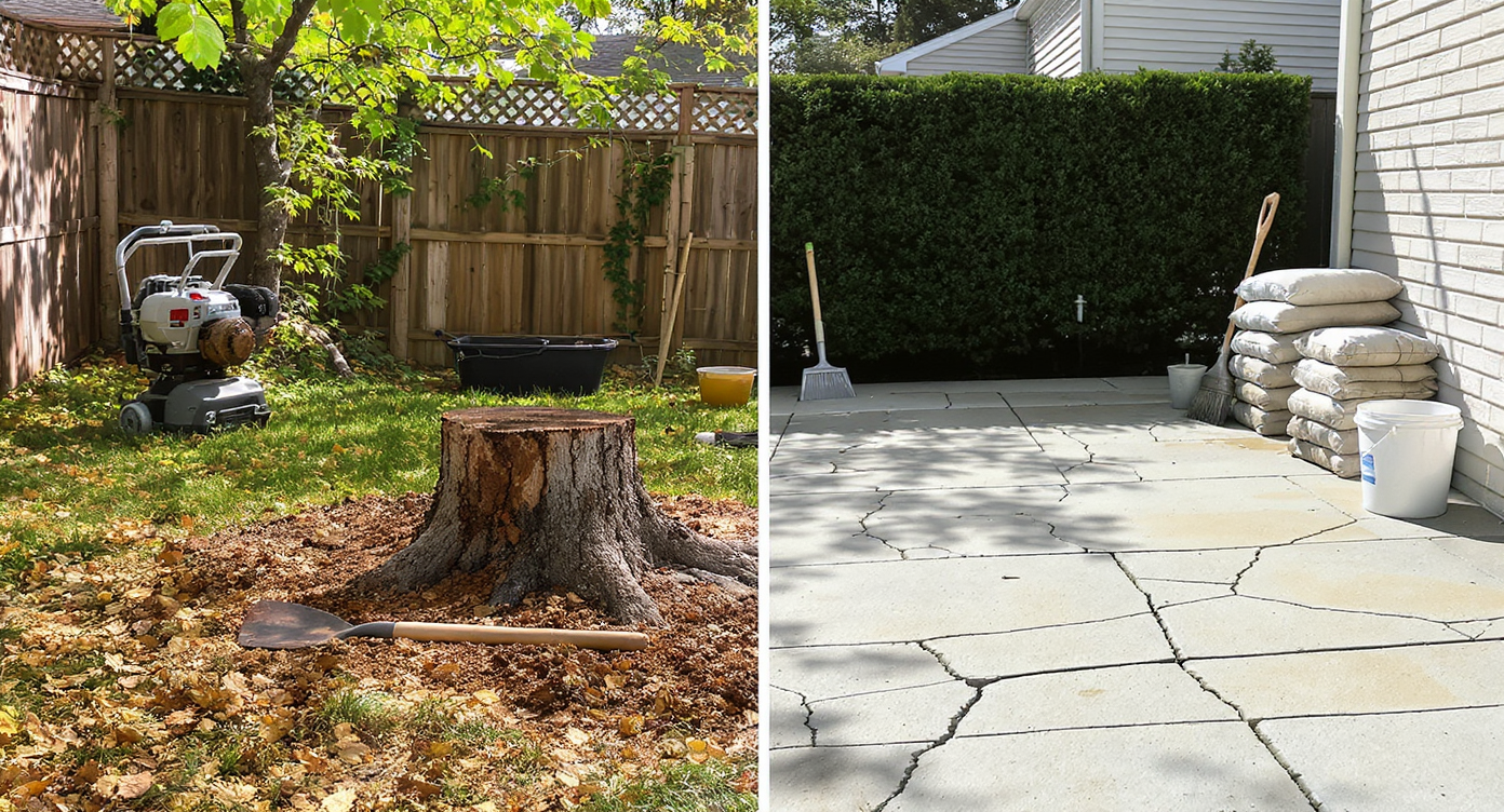 A photorealistic suburban backyard with a tree stump and removal tools on one side and a cracked concrete patio mid-restoration on the other.