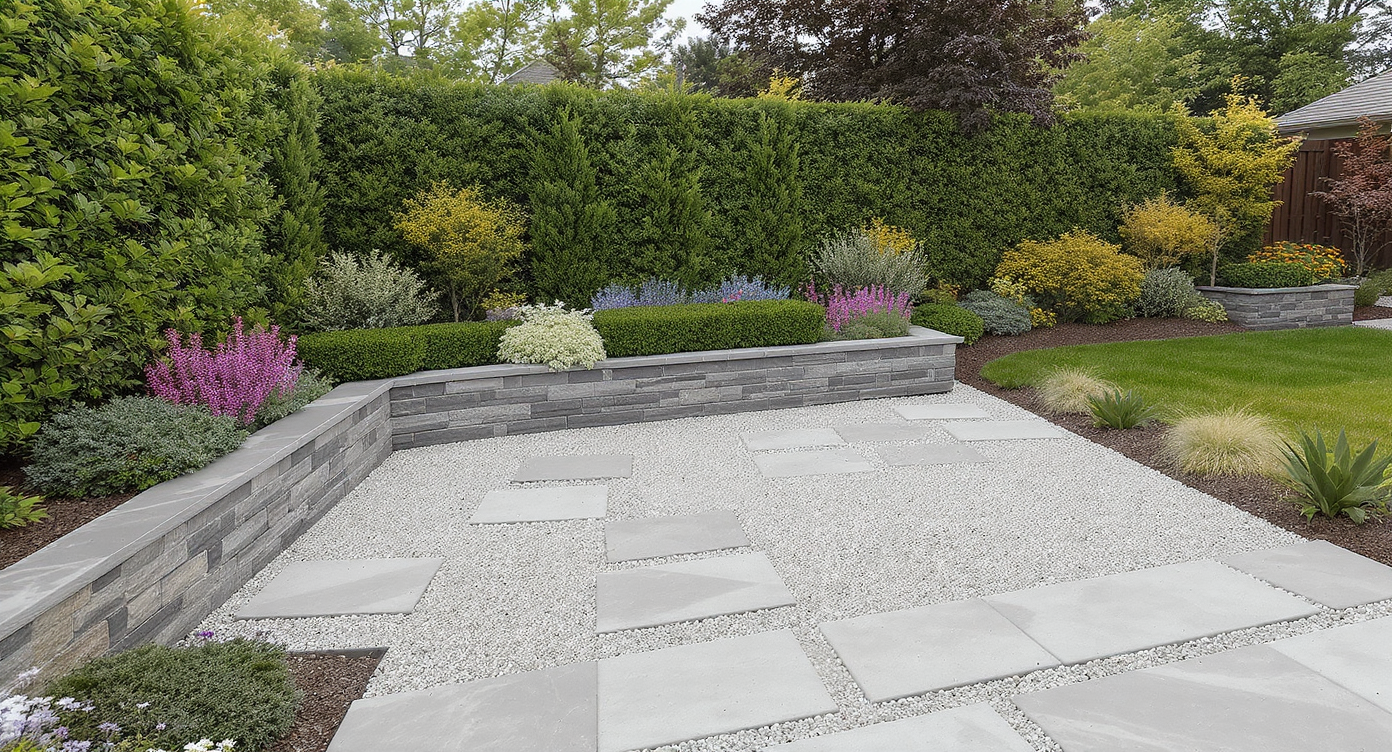 Modern backyard patio blending permeable pavers, decorative gravel, raised stone planters, and lush greenery in a natural, structured design.