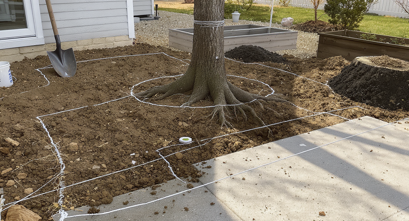 Marked outlines and prep tools around an aging backyard concrete patio, exposed roots, soil probe, and developing planters for a holistic redesign.