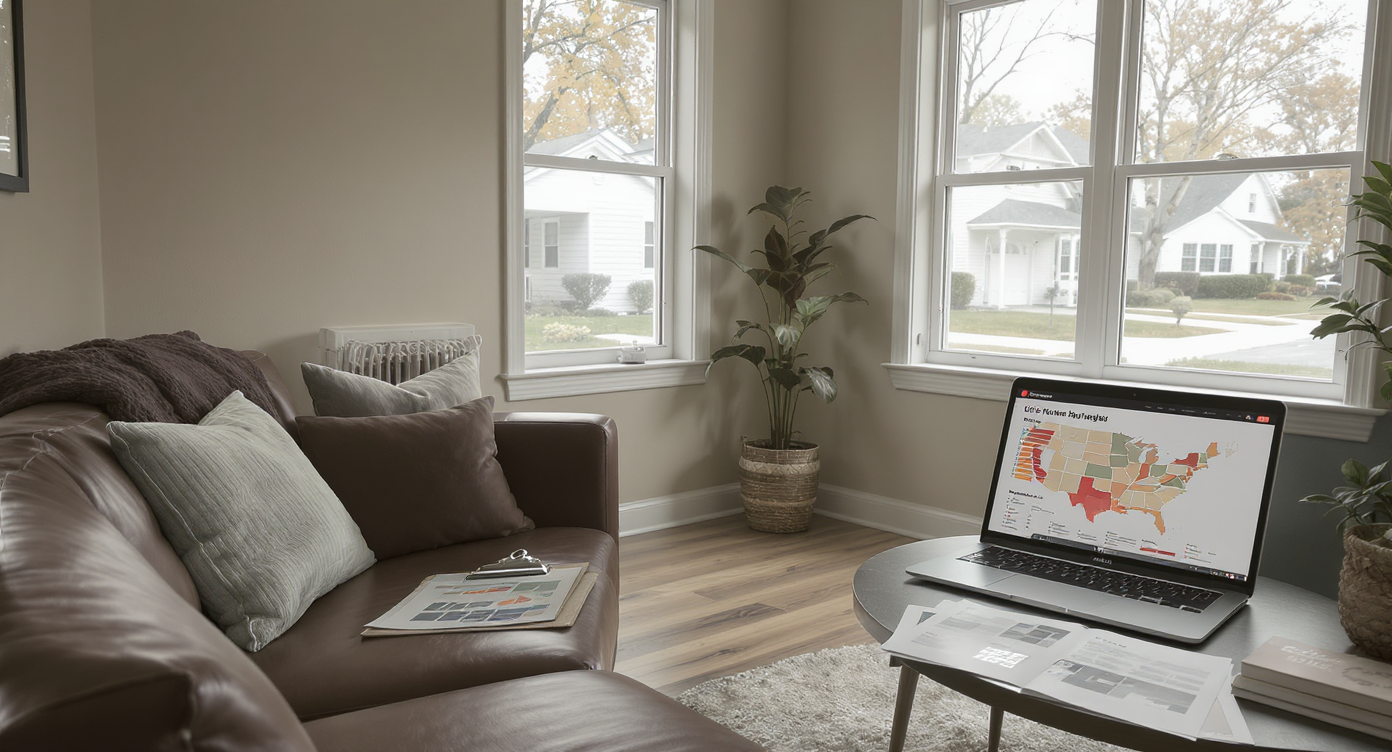 A staged living room for sale with a coffee table holding market reports, a laptop showing U.S. housing data, and listing flyers, evoking a home price analysis setting.