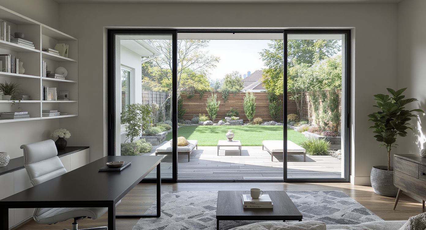 Spacious home office with large windows and patio view, showcasing flexible living space and connection to outdoors, no people present.