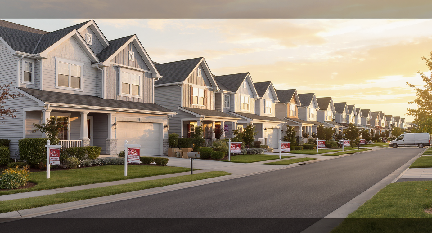A row of modern suburban homes with 'For Sale' signs and 'Price Reduced' riders, manicured lawns, empty driveways, and moving boxes on porches.