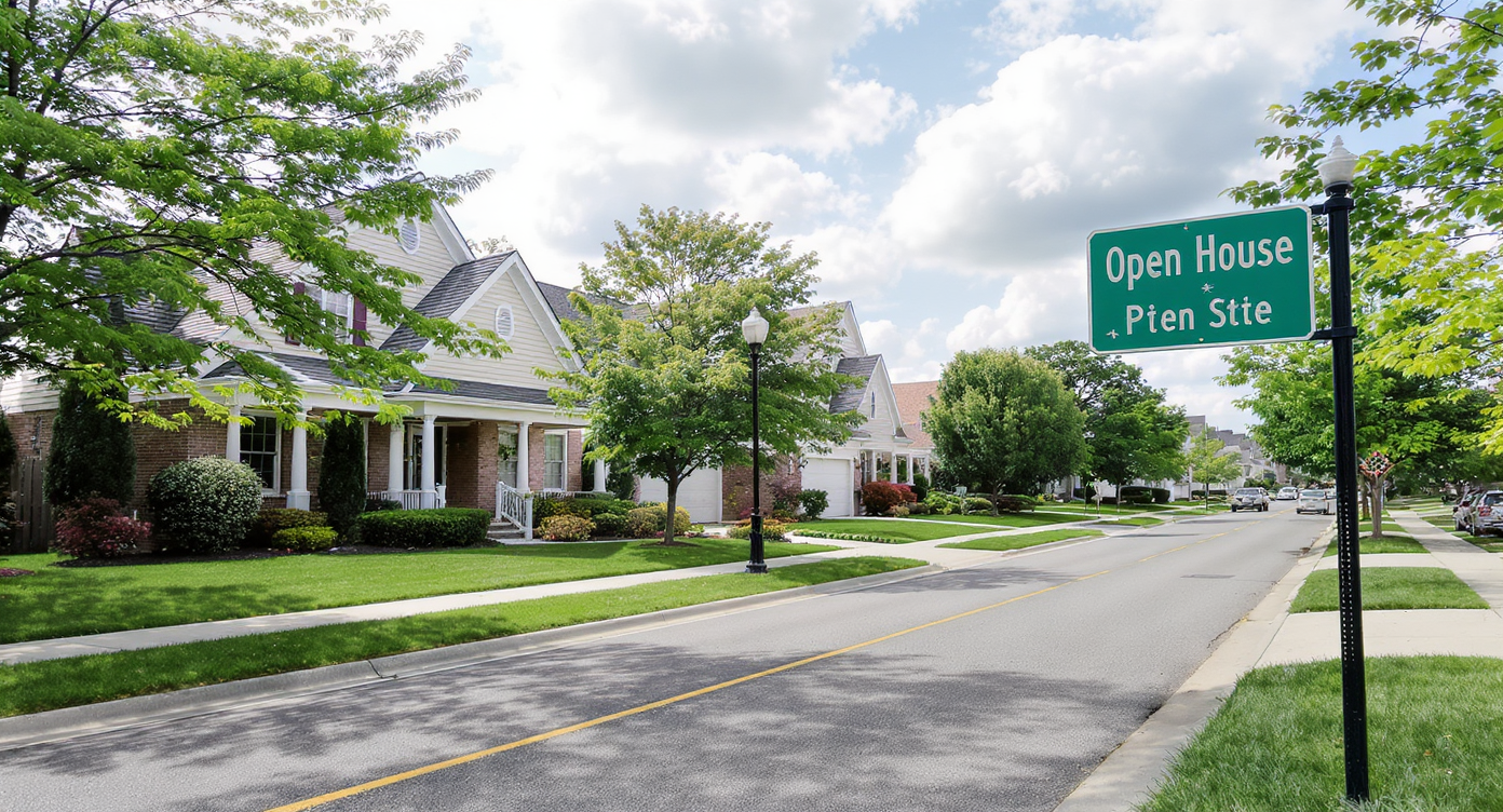 Exterior of a suburban home with fewer cars on the street, a price-reduced sign, and a refreshed backyard work nook, all staged for an open house.