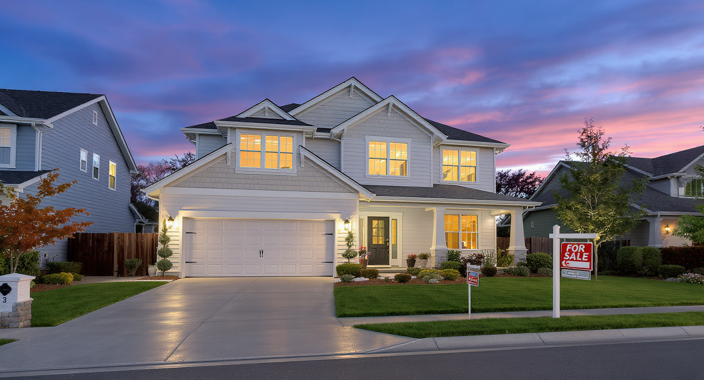 A modern suburban home with a "For Sale" sign marked "Price Reduced" at dusk, showing stability despite recent value adjustments.