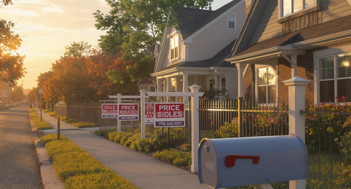 A quiet suburban street at dusk showing several homes with realistic for-sale signs, one marked price reduced, and an empty lot under construction.
